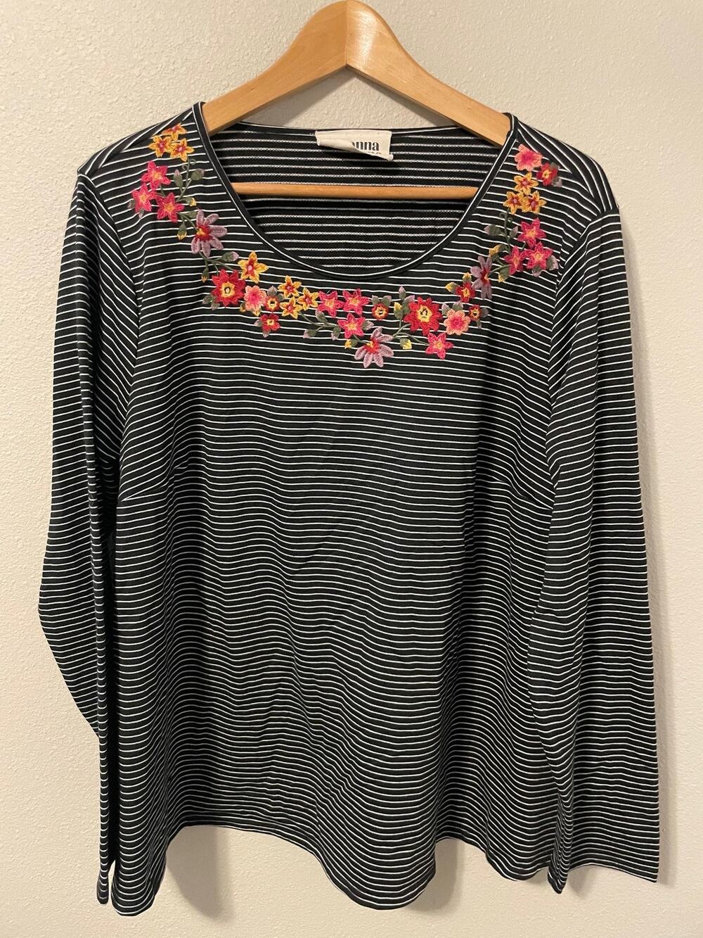 Savanna Jane Top Womens 1X Black Stripe Floral Embroidered Stretch Boho Artsy